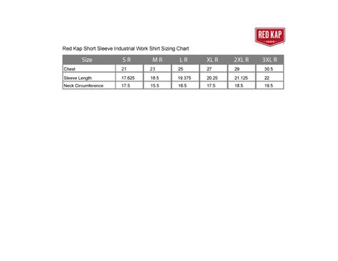 Red Kap Short Sleeve Industrial Work Shirt Sizing Chart Emi Corporate