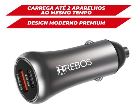 Automotivo Carro USB C Hrebos Carregador Celular Veicular Turbo 38w