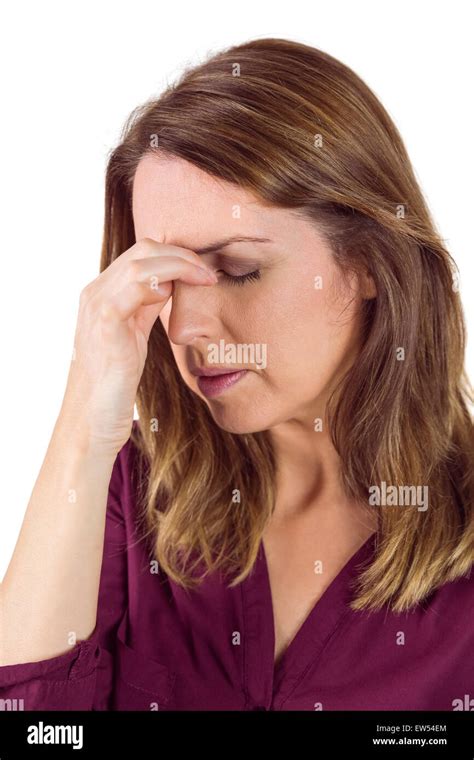 Pretty Brunette With Headache Touching Her Forehead Stock Photo Alamy