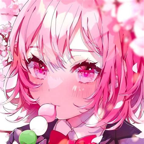 an anime girl with pink hair and flowers in front of her face, looking ...