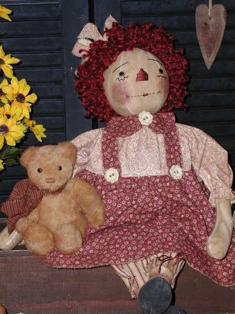 Primitive Folk Art Raggedy Ann Doll With Her Favorite Olde Teddy Bear