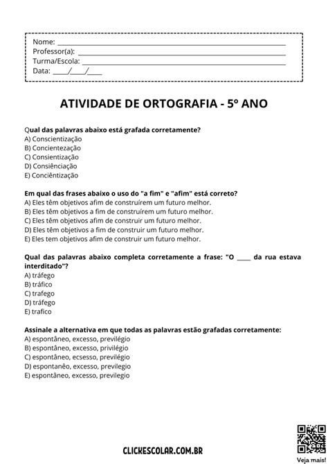 Atividades de Ortografia para 5º ano