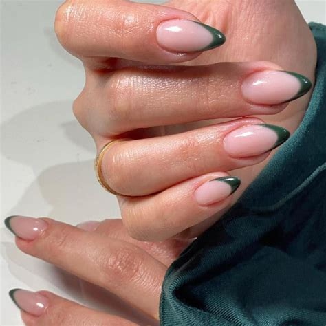 Kqueenest Pcs Dark Green French Tip Press On Nails Short Almond