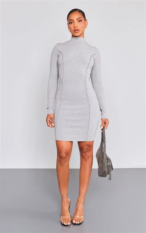 Grey Ribbed Long Sleeve Seam Detail Bodycon Dress Dresses Prettylittlething Usa