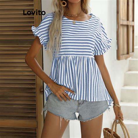 Lovito Women Boho Striped Colorblock Ruffle Stripe Blouse Lnl