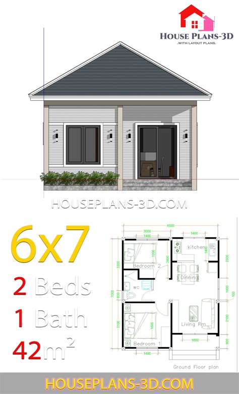 Simple House Plans 6x7 With 2 Bedrooms Hip Roof House Plans 3D