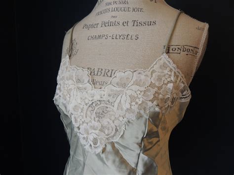 Vintage Lucie Ann Ii Sage Green Satin Thick Ivory Lace Trim Cropped Spaghetti Strap Lingerie