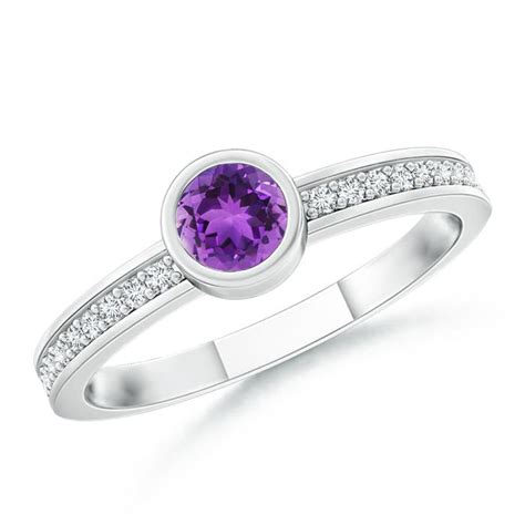 Bezel Round Amethyst Stackable Ring with Diamond Accents | Angara