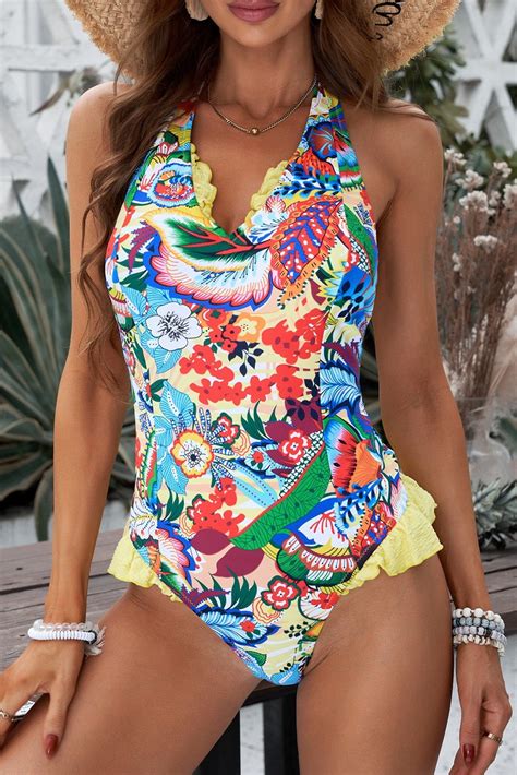 Multicolor Boho Floral Print Ruffled Backless Halter One Piece Swimsuit Bikini Walmart