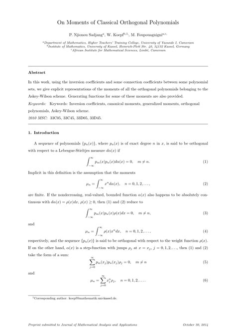 Pdf On Moments Of Classical Orthogonal Polynomials