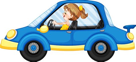 Chica De Dibujos Animados Conduciendo Un Coche Azul Vector En