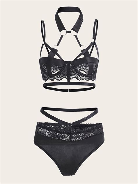 Romwe Goth Floral Lace Ring Linked Lingerie Set Shein Uk