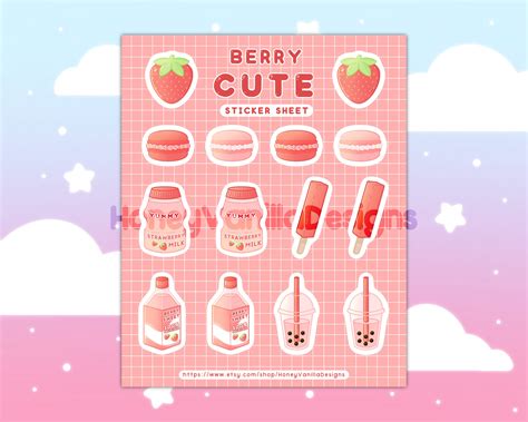 Strawberry Sticker Sheet Berry Cute Kawaii Sticker Sheets Etsy