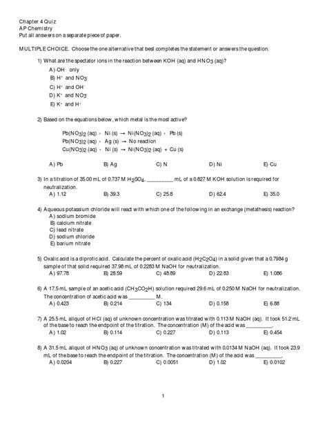 Chapter 4 Quiz Ap Chemistry Multiple Choice Questions On Acid Base