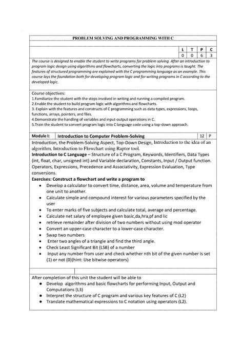 Problem Solving And Programming With C Syllabus Problem Solving And