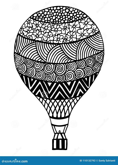 Hot Air Balloon In Zentangle Inspired Doodle Style Isolated On White