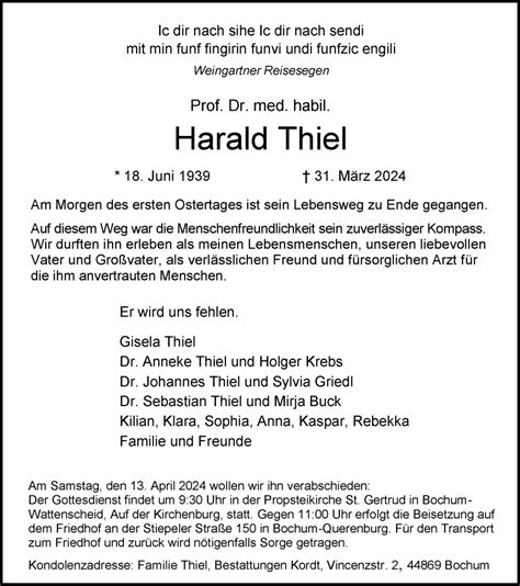 Traueranzeigen Von Harald Thiel Trauer In NRW De