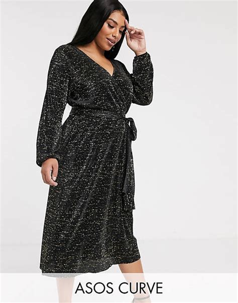 Asos Design Curve Long Sleeve Glitter Midi Plisse Tea Dress Asos