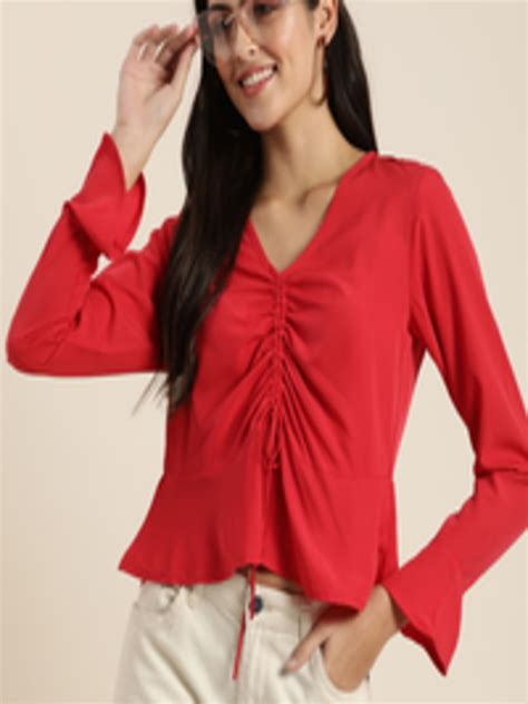 Buy Encore By Invictus Solid V Neck Peplum Top With Tie Up Detail