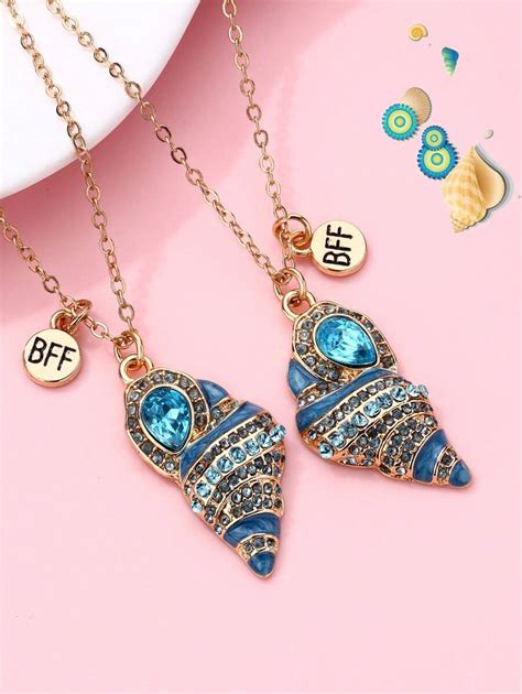 2pcs Set Girls Colorful Rhinestone Seashell Zinc Alloy BFF Necklace