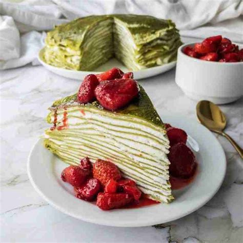 Matcha Crepe Cake With White Chocolate Roasted Strawberries