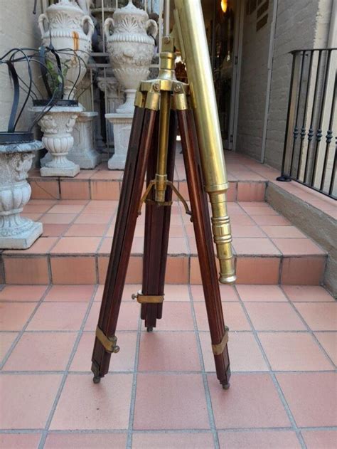 20th Century Antique Solid Brass Nautical Telescope On Wooden Tripod Legs The Crown Collection