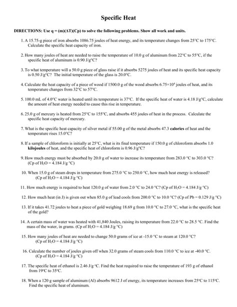 Worksheet Introduction To Specific Heat Capacities