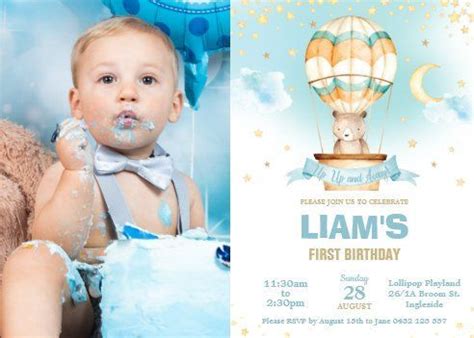 Chic Hot Air Balloon Teddy Bear Boy Birthday Photo Invitation Zazzle