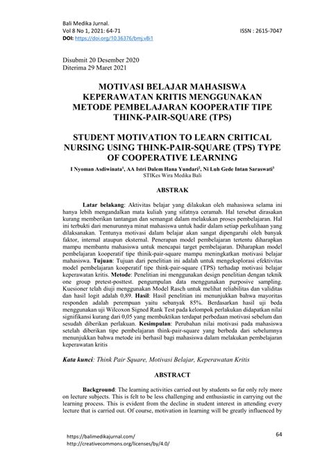 Pdf Motivasi Belajar Mahasiswa Keperawatan Kritis Menggunakan Metode