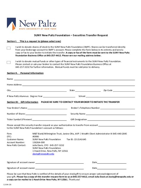 Fillable Online Suny New Paltz Foundation Securities Transfer Request