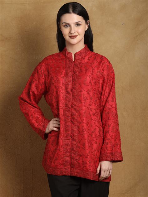 Flame Scarlet Pure Silk Kashmiri Short Jacket With Aari Embroidered