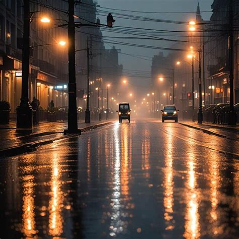 Two Cars Are Driving Down A Wet Street With The Lights On Premium Ai