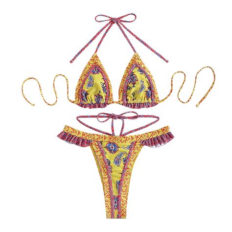 Piece Swimsuit For Women Print Fashion Bikini Strap Ethnic Split Tankinis Set Yellow Bathing
