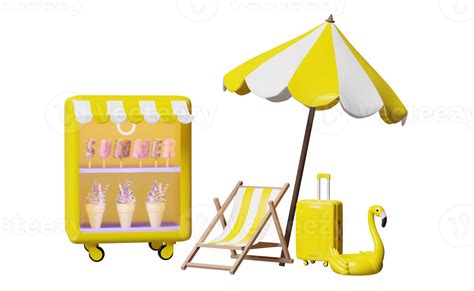 Shop Store With Ice Cream Showcases Or Fridge Yellow Suitcase Beach Chair Inflatable Flamingo