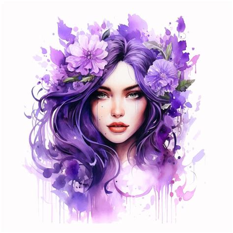 Premium Vector Beautiful Woman Surrounding By Purple Flowers Watercolor Paint