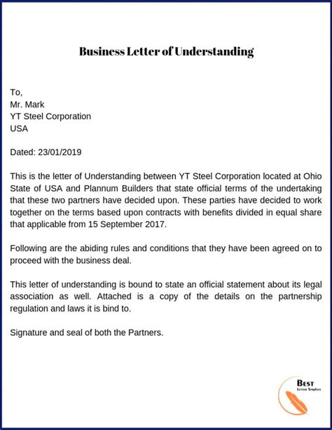 Letter Of Understanding Template Format Sample Example Business