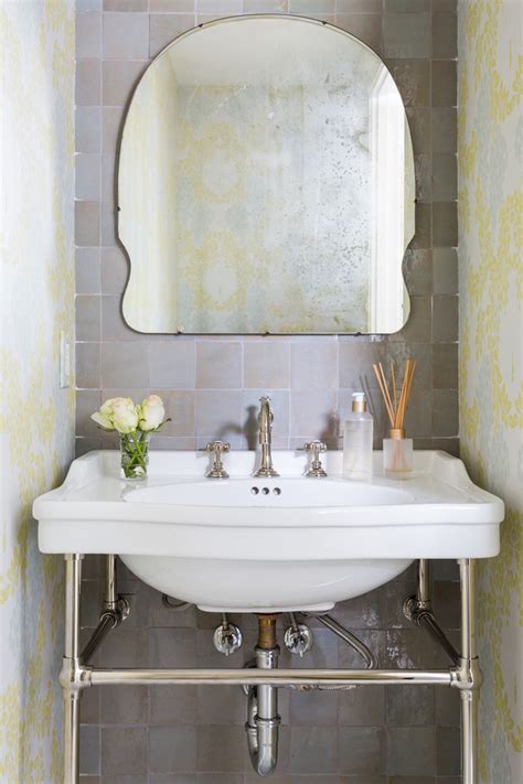 Transitional Powder Room With Zellige Tile And Floral Wallpaper