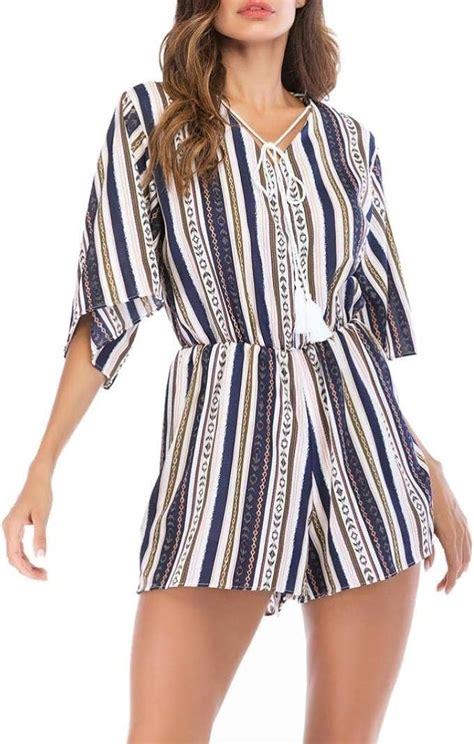 Playsuit Damen Kurz Vintage Elegante Streifen Romper Sommer 34 Ärmel Fiesta Kleidung V