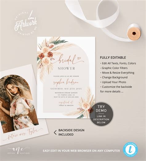 Nude Boho Bridal Shower Invitation Template Pampas Grass Rusty Rose