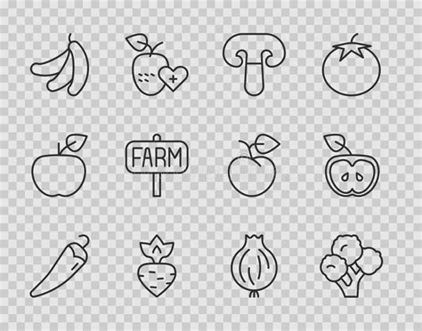 Set Line Hot Chili Pepper Broccoli Mushroom Turnip Banana Location