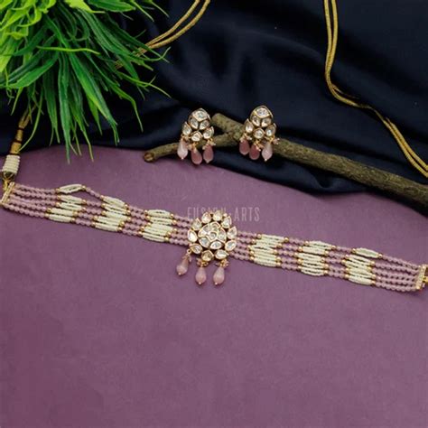 Fusion Arts Glass Beads Mossainite Kundan Choker Necklace Set At Rs