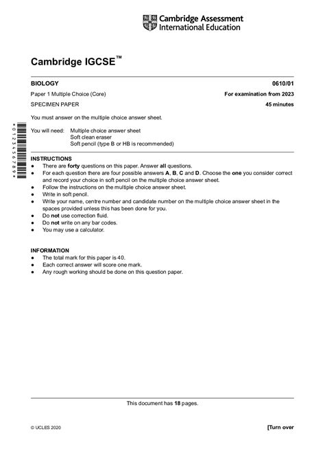 Cambridge Igcse™ Biology 061001 Paper 1 Multiple Choice Core For