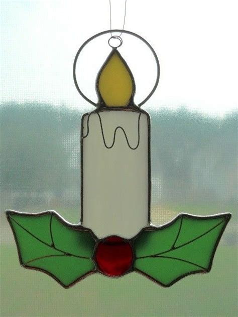 Stained Glass Holly And Candle Sun Catcher Etsy Stained Glass Candles Stained Glass