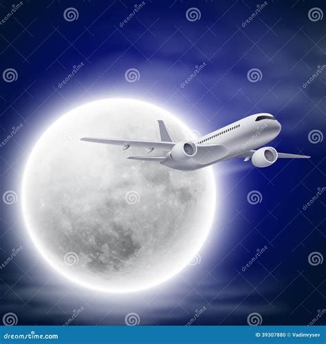 Airplane In The Night Sky With Moon. Stock Vector - Illustration of jetliner, flight: 39307880