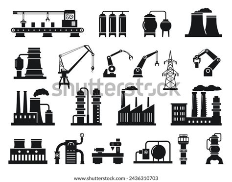 Industrial Factory Silhouettes Machinery Manufacturing Icons Stock