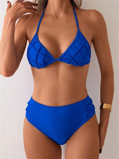 Shein Swim Women Fashionable Solid Color Diamond Pattern Lace Up Bikini