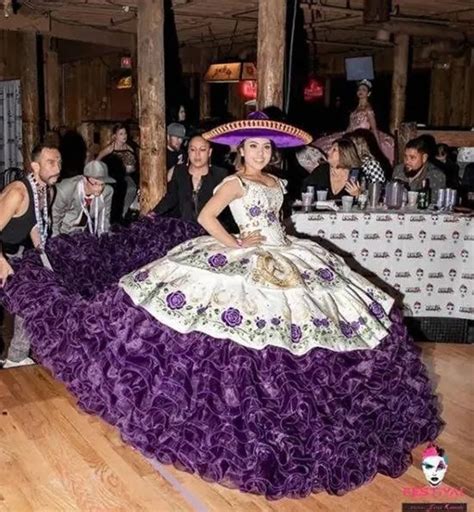 White Purple Mexicao Charro Quinceanera Dresses Luxury Ruffles Skirt Chapel Train Embroidery