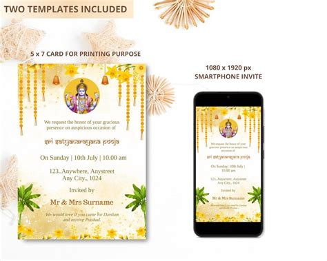 Sri Satyanarayana Pooja Invitation Template Editable Satyanarayan Katha Invite Satyanarayan