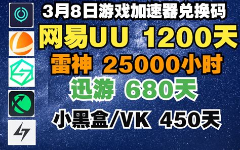 uu加速器白嫖1200天 3月8日更新 小黑盒450天 迅游680天 炽焰 VK 哔哩哔哩