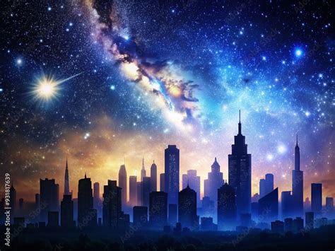 Celestial City Silhouette Starry Night Sky Casting A Magical Glow On A